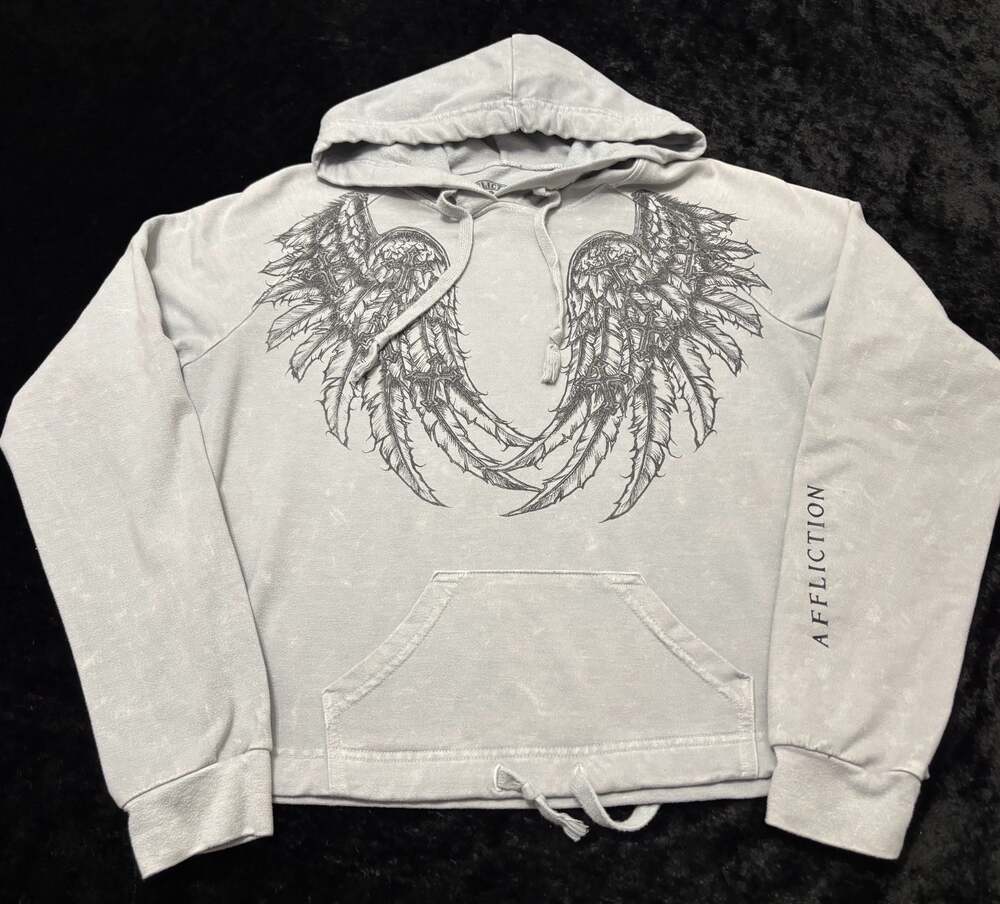 Women Medium Affliction Hoodie with Angel Wings AOP Sweater